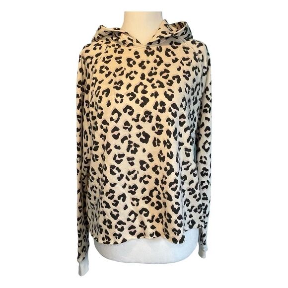 Lucky Brand Leopard Print Hoodie Sweatshirt Tan Black French Terry Long Sleeve S - Picture 1 of 8